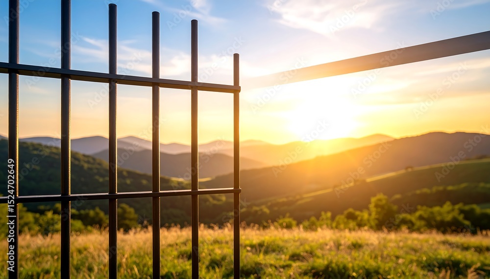 Fototapeta premium Symbolic Liberation with Prison Bars Parting to Reveal Sunrise Over Rolling Hills