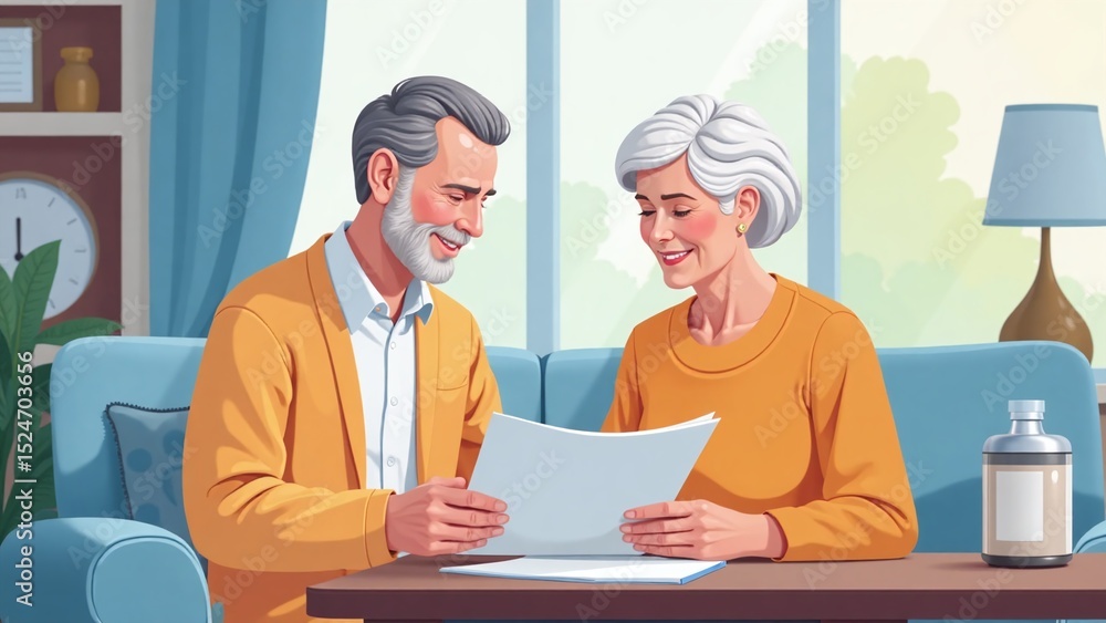 Insurance Awareness Day illustration senior couple reviewing insurance documents home comfort trust Insurance Awareness Day illustration senior couple reviewing insurance documents home comfort trust