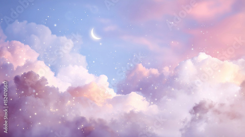 Fototapeta Naklejka Na Ścianę i Meble -  夢の中のような幻想的なピンクとブルーの雲の背景（ファンタジー・空・教育・癒し）