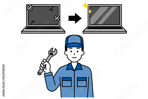 ノートパソコンの修理を案内する修理業者の男性