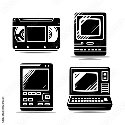 Retro technology icons vhs tv phone computer