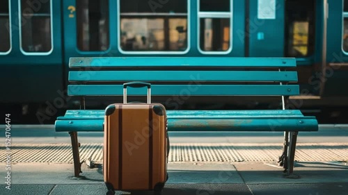 a suitcase and a bench at the train station