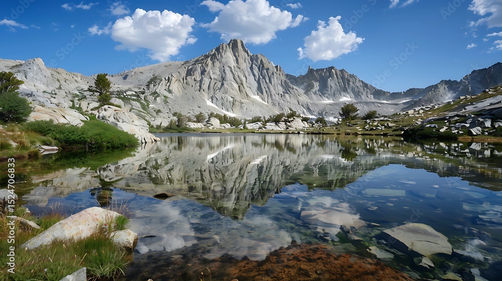 Fototapeta premium Sierra Nevada Mountain Lake Reflection with Blue Sky and Clouds