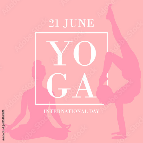 International Yoga Day Poster with Silhouette, Minimalist Yoga Day Illustration in Pink Tones, 21 June