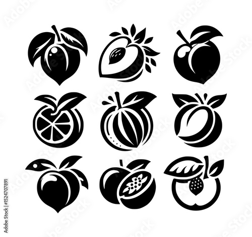Nine black and white fruit icons peaches nectarines and orange