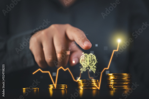 An investor's hand touches a futuristic virtual screen displaying fluctuating gold prices and intricate stock market charts, demonstrating the use of AI for advanced financial analysis