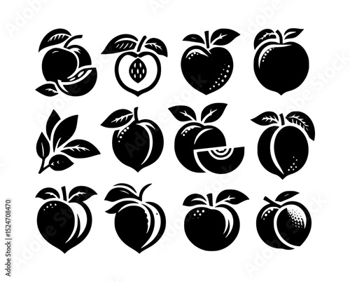 Black and white peach fruit icons set
