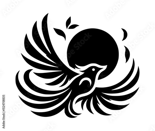 Stylized black bird silhouette with sun