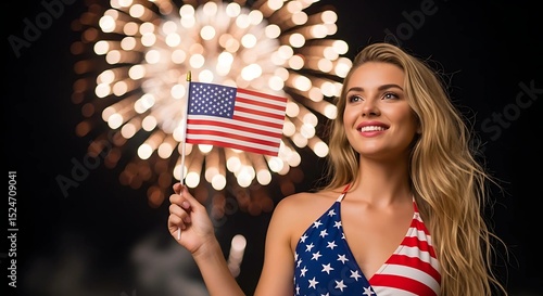 Smiling Woman Holding American Flag During Nighttime Fireworks Celebration in Patriotic Dress – Fourth of July Independence Day Festive Portrait with Vibrant Colors and Joyful Emotion