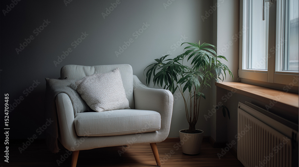Interior view of armchair with pillow and plant near window in a room with gray wall paint Interior view of armchair with pillow and plant near window in a room with gray wall paint