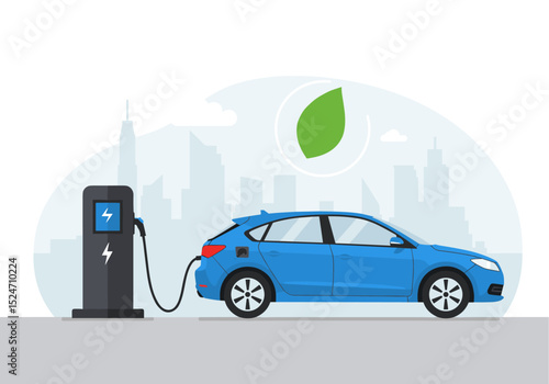 Flat vector of an electric vehicle charging at a station with a green leaf icon above