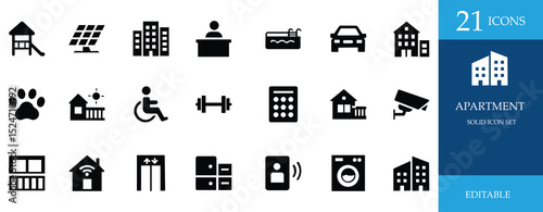 Apartment icon set. Perfect for real estate, architecture, housing, and construction projects. Includes smart home, amenities, security, pool, and skyline