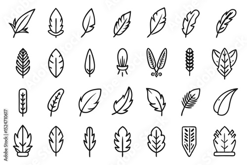 Set of line icons depicting feathers soft filler bird features isolated on transparent background