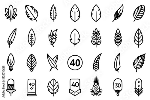 Collection of line icons depicting feathers soft fillers and birds isolated on transparent background