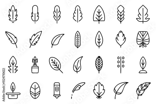 Collection of line icons depicting feathers soft fillers and birds isolated on transparent background