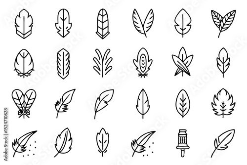 Collection of line icons depicting feathers soft fillers and birds isolated on transparent background