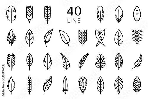 Collection of line icons depicting feathers soft fillers and birds isolated on transparent background