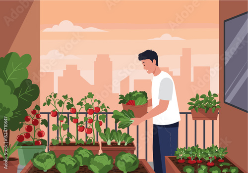 Flat vector of someone harvesting vegetables from a balcony garden