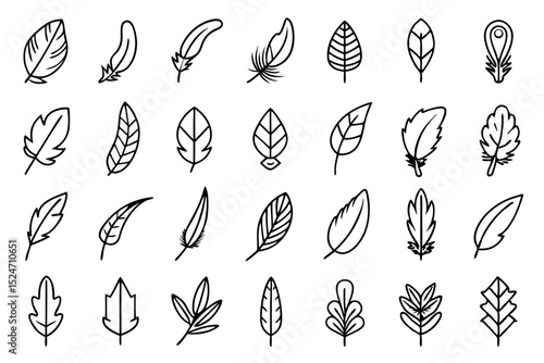 Collection of line icons depicting feathers soft fillers and birds isolated on transparent background