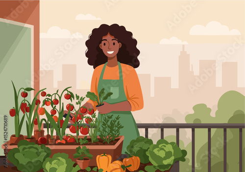 Flat vector of someone harvesting vegetables from a balcony garden