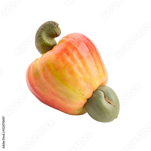 Cashew Apple: A vibrant, ripe cashew apple with its characteristic reddish-orange hue and attached cashew nut.  The unique shape and color make it a striking image.
