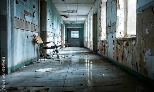 Abandoned hospital hallway decay and disrepair