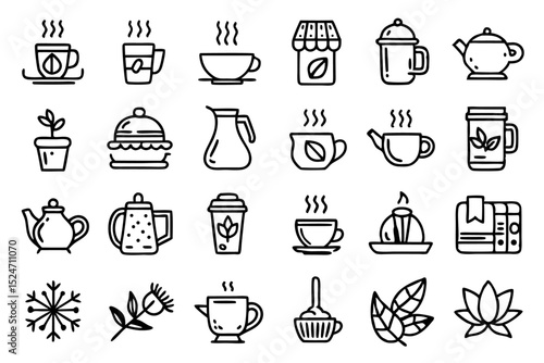Collection of line icons depicting hot beverages tea coffee and teapot isolated on transparent background