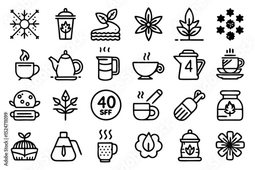 Collection of line icons depicting hot beverages tea coffee and teapot isolated on transparent background