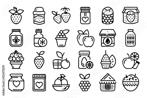 Line icons of jam jars fruit strawberry design elements isolated on transparent background