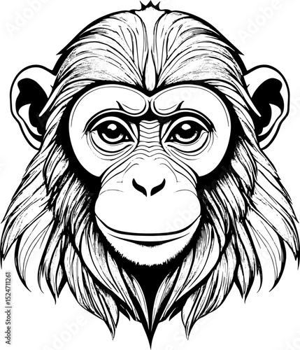 Intricate Line Art Illustration of a Chimpanzee Head