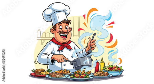 Happy Chef Cooking Delicious Food – Cartoon Vector Illustration of Professional Cook with Meals