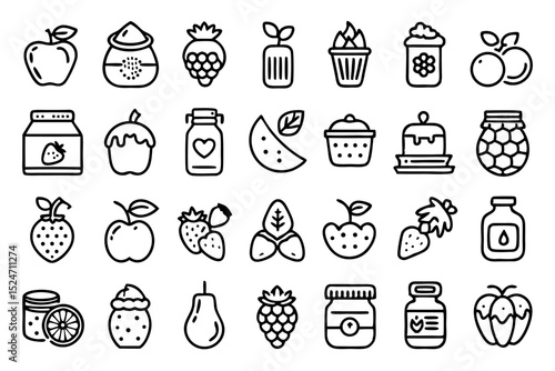 Line icons of a jam jar with strawberries and other fruits isolated on transparent background