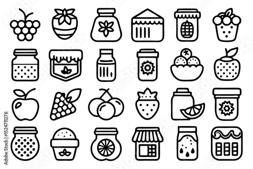 Line icons set featuring a jam jar with fruits and strawberries isolated on transparent background