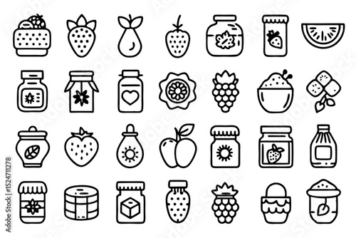 Line icons of jam jars fruit strawberry design elements isolated on transparent background