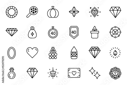 Collection of line icons depicting jewelry gemstones and accessories isolated on transparent background