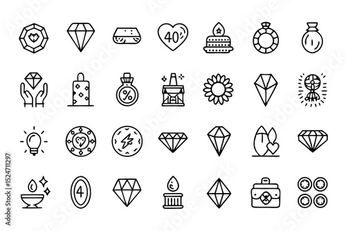 Collection of line icons depicting jewelry gemstones and accessories isolated on transparent background
