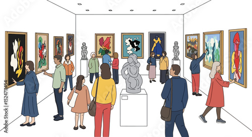 People Visiting Art Museum – Colorful Gallery Illustration with Modern Paintings and Sculptures