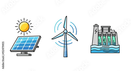 Renewable Energy Icons – Solar Panel, Wind Turbine, Hydroelectric Dam Vector