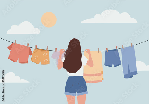 Flat vector illustration of a woman hanging clothes under the sun instead of using a dryer