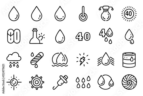 Collection of line icons depicting liquid splashes and water spray isolated on transparent background