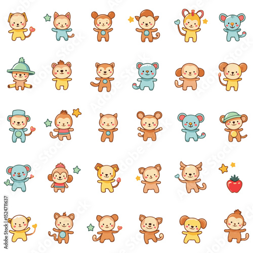 set of funny animals. Colorful children cartoon icon collection. set of funny line doodle decoration on isolated background.