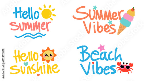 Cheerful set of summer-themed typography with hand-drawn style and cute illustrations like sun, ice cream, and crab. Includes phrases like Hello Summer, Beach Vibes, Summer Vibes, and Hello Sunshine.