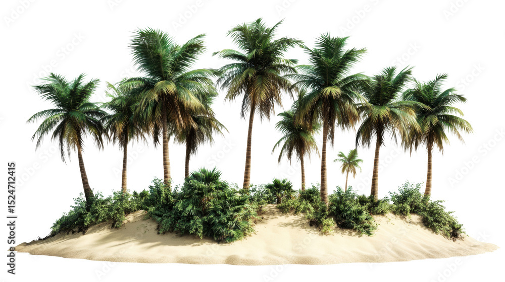 Obraz premium Tropical oasis with lush palm trees on sandy on white background 