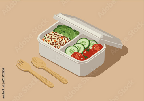 Flat vector of a reusable lunchbox filled with healthy food