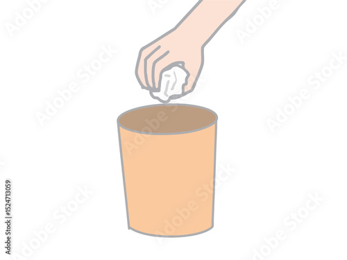 Illustration of a hand grabbing and throwing trash in a trash can