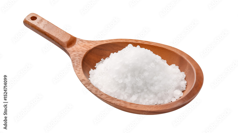 Wooden spoon filled with a pile of white crystalline salt at transparent background. Wooden spoon filled with a pile of white crystalline salt at transparent background.