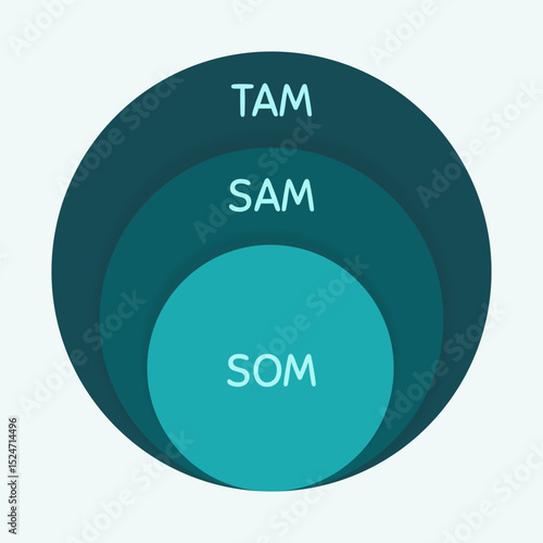 circles arranged in a row with the words "TAM", "SAM", and "SOM" written inside each circle, respectively. tam model.