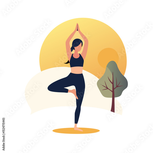 Woman practicing yoga tree pose outdoors at sunset