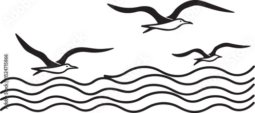 Abstract vector illustration of a seagull silhouette and other sea animals in the blue sky and ocean waves