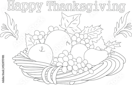 Happy Thanksgiving Coloring Page with Cornucopia and Harvest Fruits, Black and white line art illustration featuring a cornucopia or basket overflowing with harvest fruits like apples, pears, and 